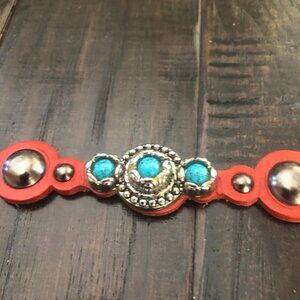 Old Trend 100% Leather Belt,  Red, Silver and Turquoise, Size M, Western, Cowboy